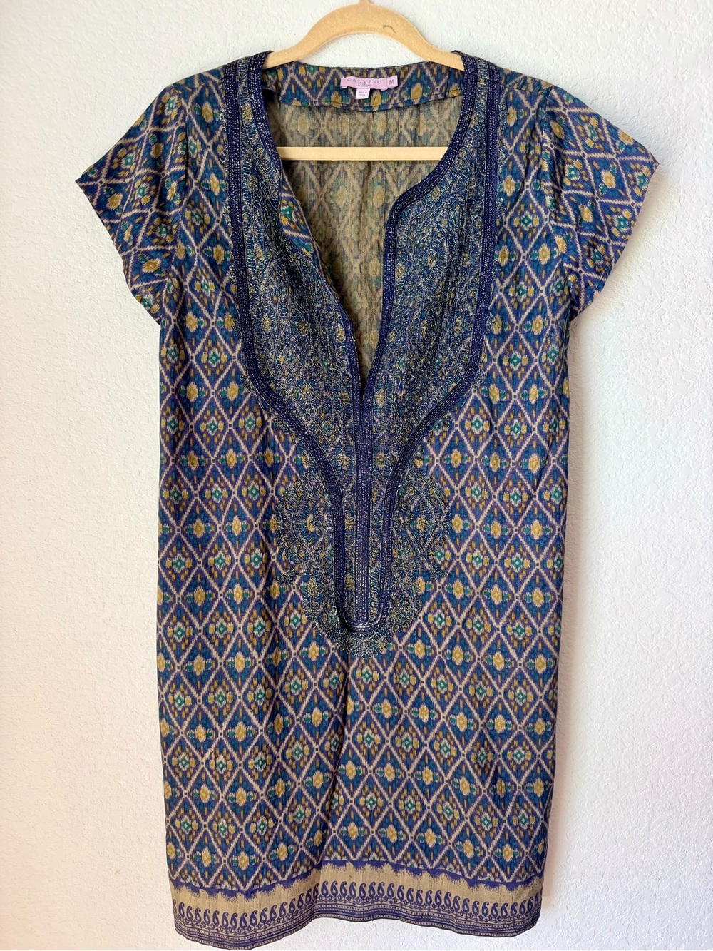 Calypso St. Barth Navy Embroidered Diamond-Print Dress Tunic Beach Cover Up silk